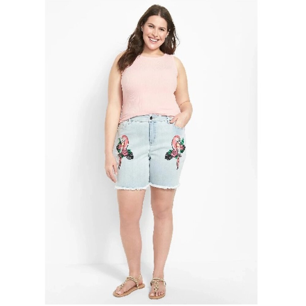 Lane Bryant Boyfriend Midi Denim Short Embroidered Parrot Size 22